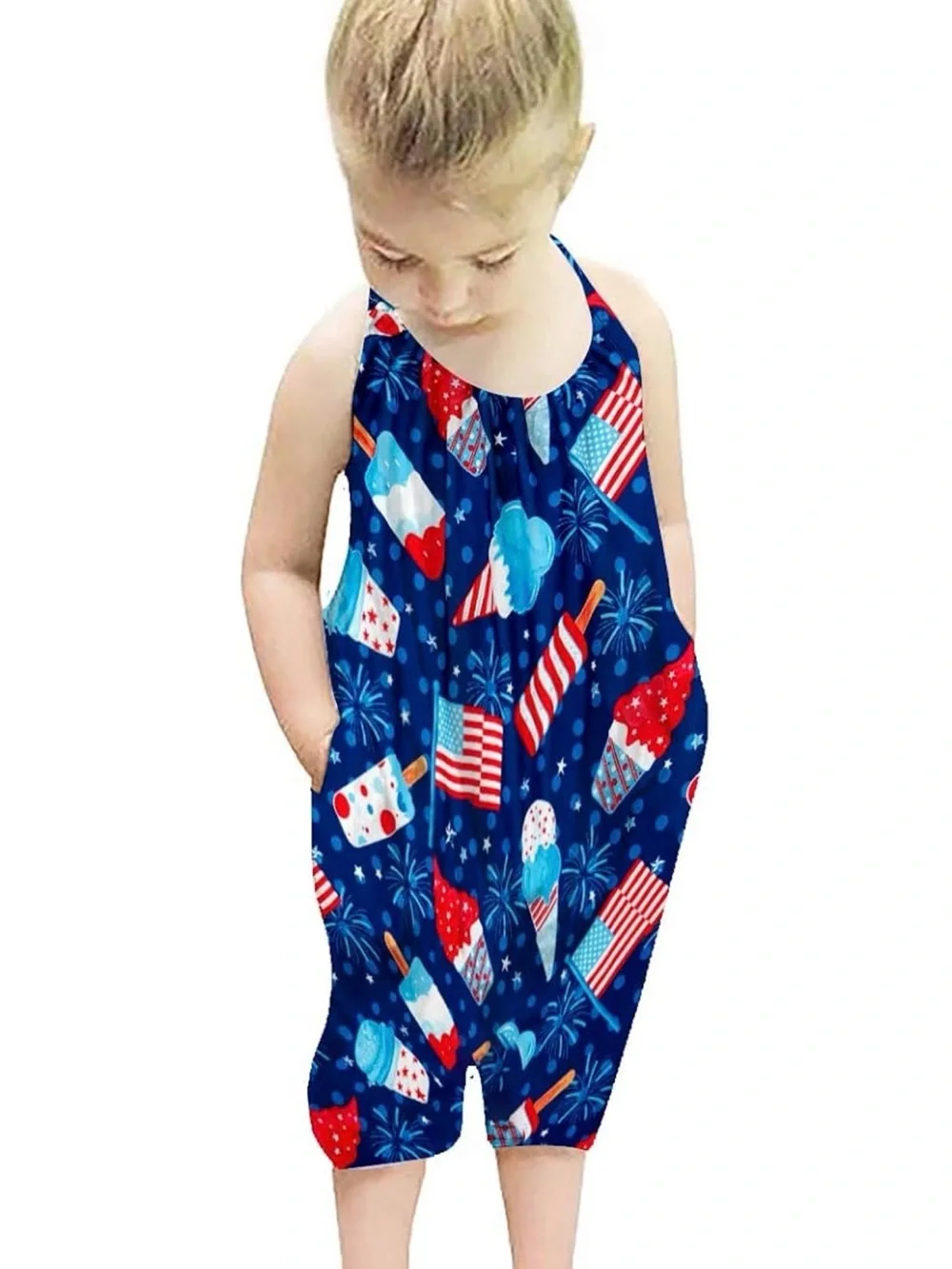 2 - Girls' Navy Patriotic and Dino Print Halter Romper